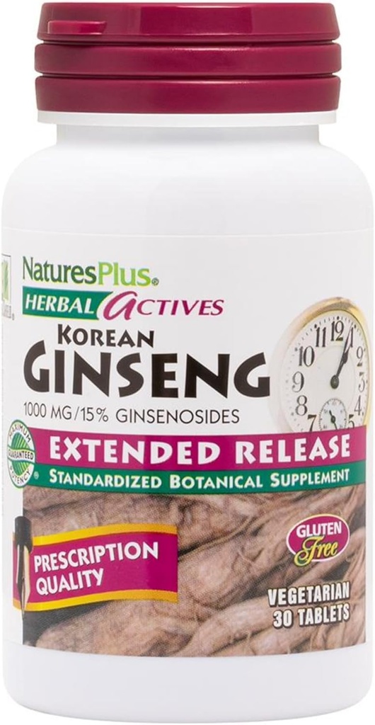Natures Plus Herbal Actives Korean Ginseng, Extended Release - 1000 mg, 30 Vegan Tablets - Adaptogenic Herbal Supplement, Antioxidant - Vegetarian, Gluten-Free - 30 Servings