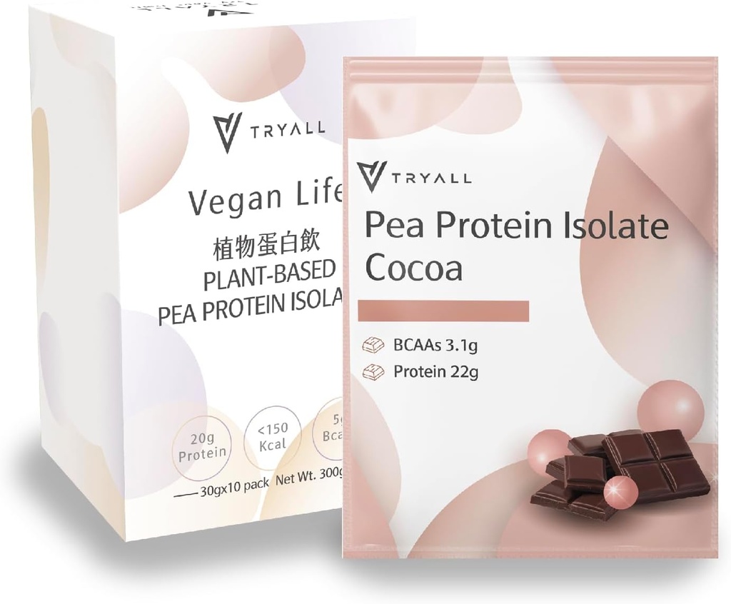 TRYALL Plant Based Pea Protein Powder Isolate (22g de Protein) Travel Sachets (Cocoa Milk, 10 Packs)