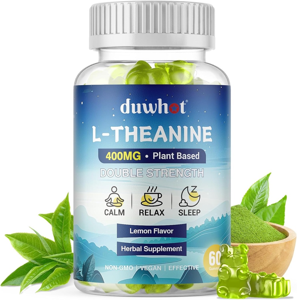 L-Theanine Gummies 400mg, Chewable Theanine Supplement for Adults &amp; Kids 4+, Natural Stress Relief, zzZ & Focus Supplement, Vegan, Low Sugar, Non-Drowsy, Lemon Flavor, 60 Chewables