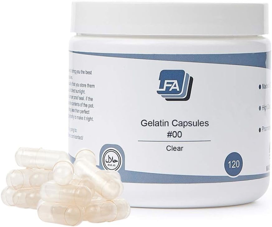 Tamaño 00 Empty Capsules - Clear Gelatin - 120 Conde Jar - Fits Capsule Machine Filling Tray - Beef Gel Caps Easy Snap for DIY Powder Supplement Pills - Certified Halal