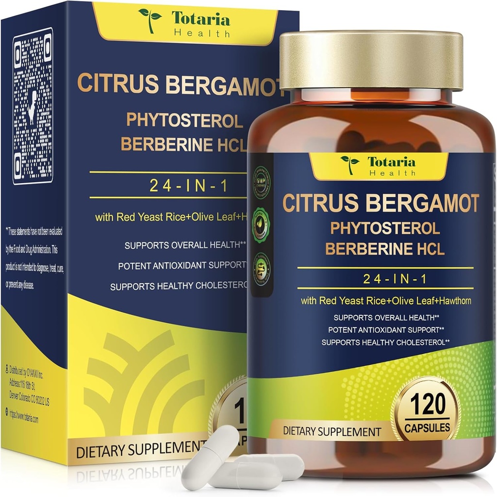 Totaria Citrus Bergamot Suplemento para Alto Colesterol - Italiano Citrus Bergamot Suplemento " Plant Sterols Stanols for Man and Woman Cholesterol Health, Vegan, Non-GMO, 120 Condes
