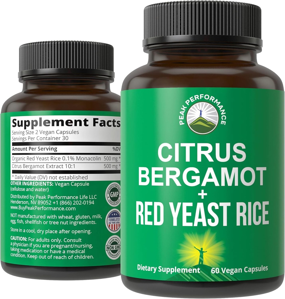 Citrus Bergamot + Rice de levadura roja. 2-en-1 Suplemento. High Strength 10:1 Extracto de Bergamot. Sin gluten, cero azúcar, cápsulas veganas