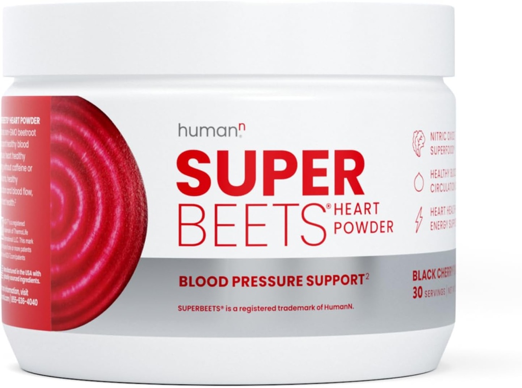HumanN SuperBeets Beet Root Powder - Superalimento de Beetroot no GMO - Suplemento de óxido nítrico para la salud del corazón, Circulación " Apoyo a la presión sanguínea - Cereza negra, 30 Servimientos