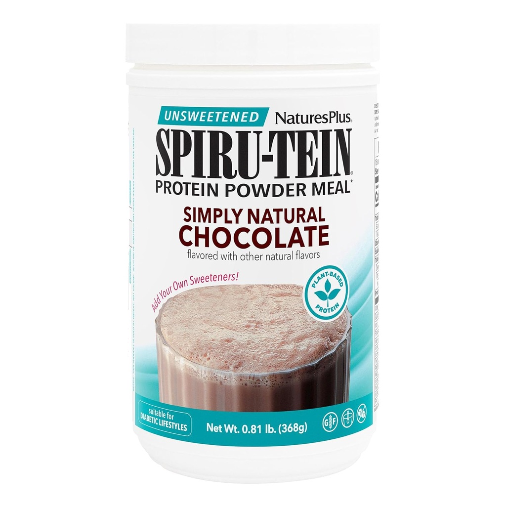 Natures Plus Simply Natural SPIRU-TEIN Shake - Unsweetened Chocolate - 0.82 lb Protein Powder- Meal Replacement - Natural Energy - Supports Diabetic Lifestyle - Vegetarian, 16 Servings