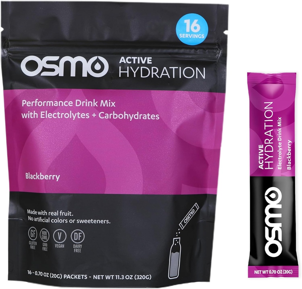Powder de hidratación activa de Osmo - Incluye sodio, magnesio, potasio, carbohidratos & vitaminas, todos los ingredientes naturales, hidratación de 3X más rápido, potencia y resistencia - 16 paquetes, BlackBerry