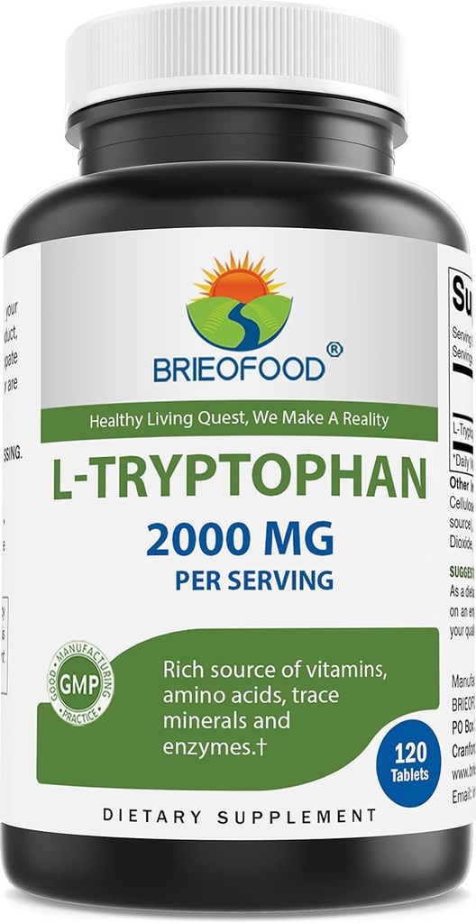 Brieofood L-Tryptophan 2000mg por Serving - 120 Tablets - Soportes Poisitive Mood & Relaxation