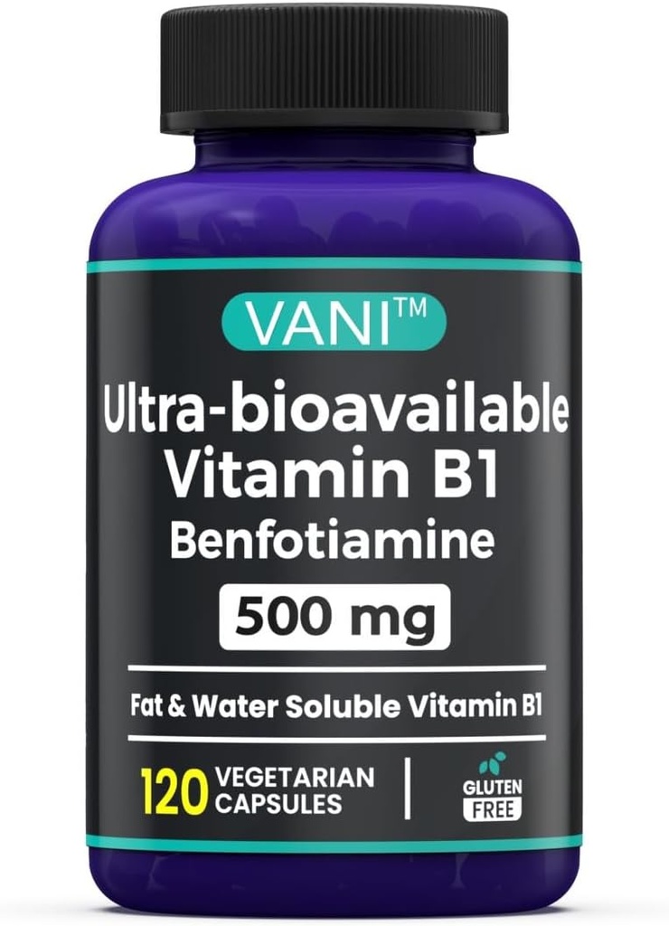 VANI 500MG Benfotiamine con B1, 5X Tiempo de grasa y agua Soluble Thiamine B1 Suplemento – Tercera Parte Tested, No Gluten (120 cápsulas)