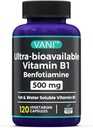 VANI 500MG Benfotiamine con B1, 5X Tiempo de grasa y agua Soluble Thiamine B1 Suplemento – Tercera Parte Tested, No Gluten (120 cápsulas)