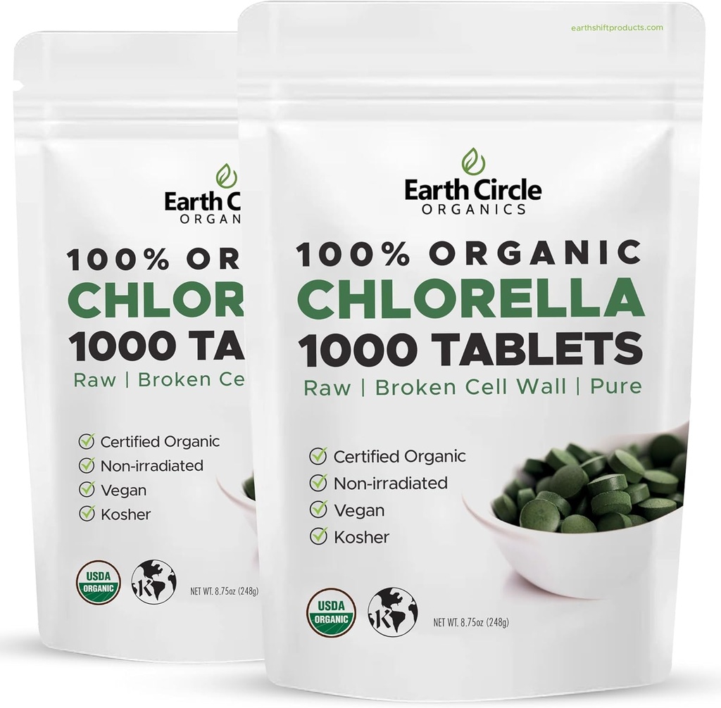 Organic Chlorella Tablets 1,000 Count | High Potency Superfood | Chlorophyll Pills from 100% Pure Green Algae | Broken Cell Wall for Max Absorption | Vegan, Kosher, Non-GMO | 4 Tabs per Day (2-Pack)