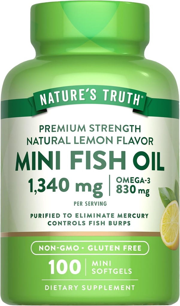 La verdad de la naturaleza Mini Fish Oil Omega 3 ← 100 Softgels ← Burpless Lemon Flavor ← No Gluten Suplemento gratuito