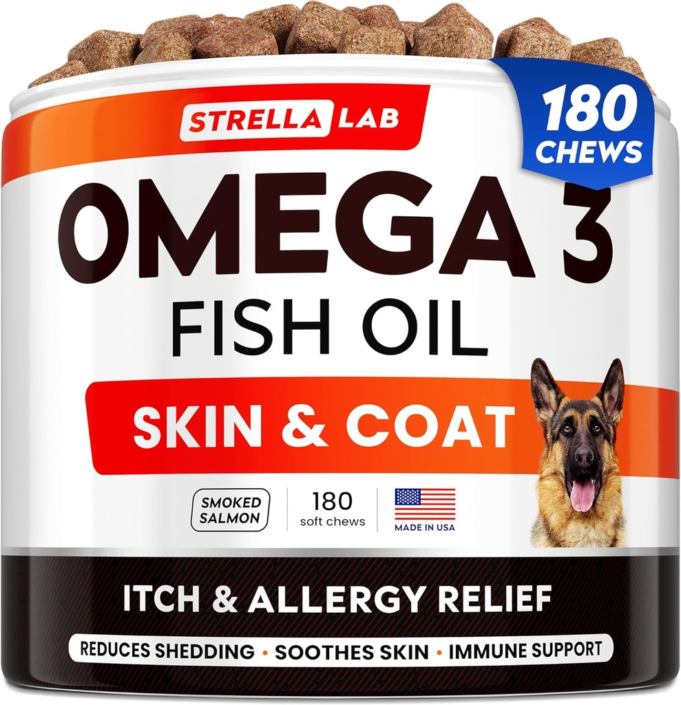 StrellaLab Omega 3 for Dogs - (180Ct) Fish Oil Treats - Allergy & Itch Relief Skin & Coat Supplement - Dry Itchy Skin, Anti Shedding & Hot Spots Treatment - Pet Salmon Oil Chews - Smoked Salmon Flavor