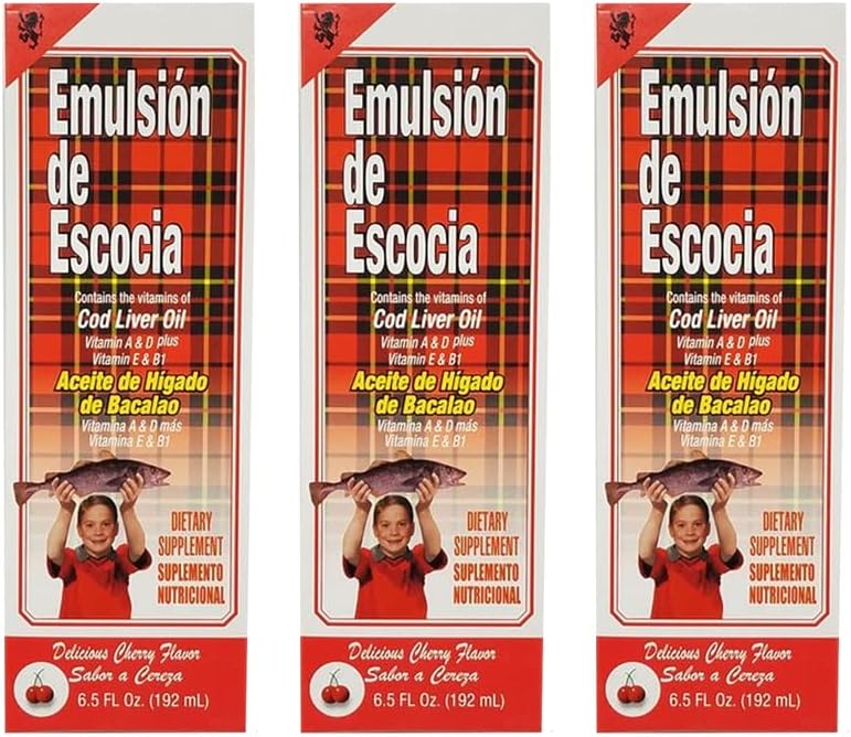 Emulsion de Escocia Cod Liver Oil Suplemento dietético. Rica en vitaminas A, D, E y B1. Cherry Flavoured. 6.5 Fl Oz / 192 mL. Paquete de 3