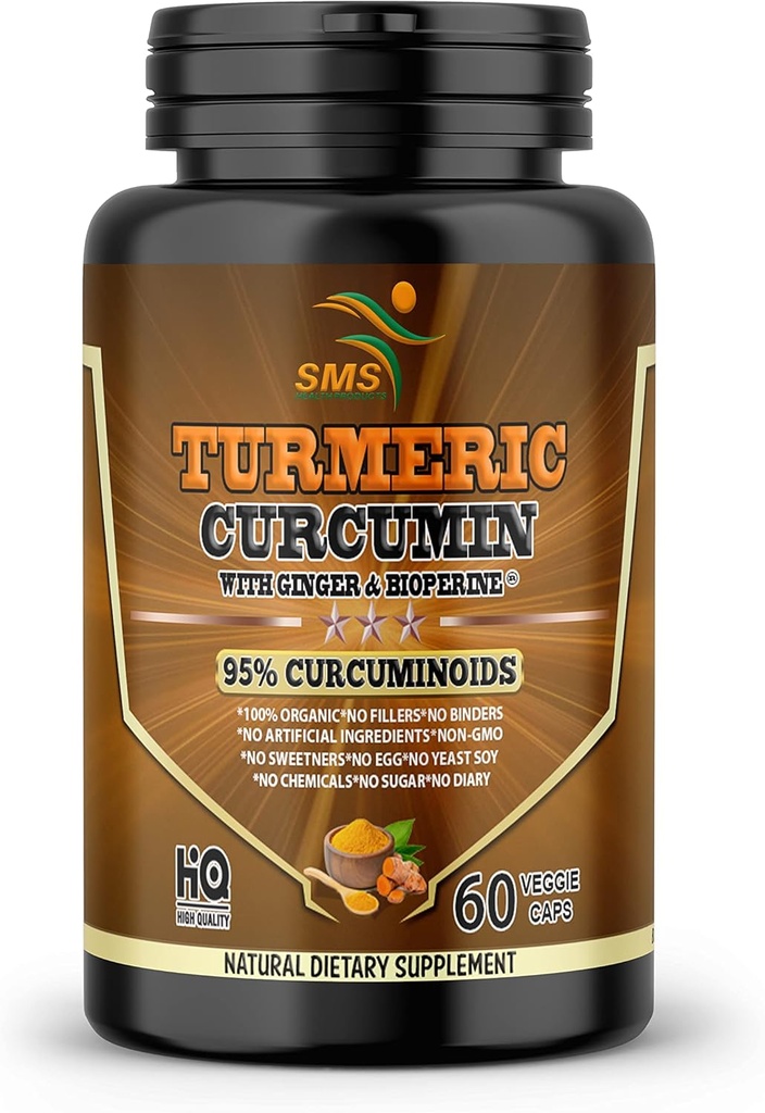 Curcumina Turmérica con Ginger, BioPerine Black Pepper, 95% Curcuminoides, Junta Natural " Apoyo Inflamatorio Saludable, Suplemento Tumérico Antioxidante, 60 cápsulas vegetarianas, hecha en EE.UU., por SMS