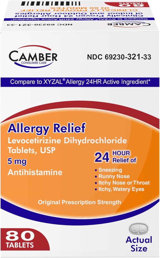 Camber Consumer Care Levocetirizine Dihydrochloride 5mg Antihistamine Tablets, Compare con Xyzal Active Ingredient, Allergy Relief Medicine (80 Count)