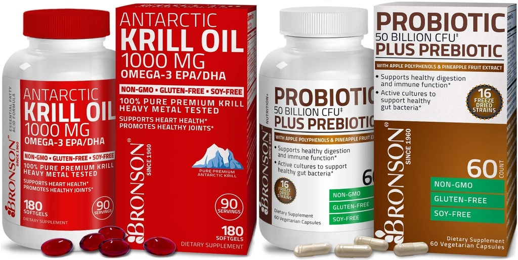 Bronson Probiotic 50 Billion CFU + Prebiotic with Apple Polyphenols & Pineapple Fruit Extrac Antarctic Krill Oil 1000 mg with Omega-3s EPA DHA