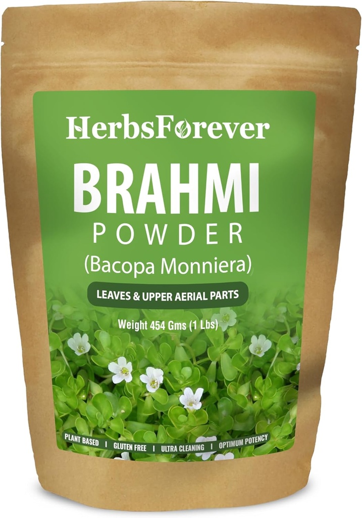 HerbsForever Brahmi Powder I 100% Puro Bacopa Monnieri I Natural Herbal Suplemento – No GMO, Vegan, Gluten-Free Apoyo Wellness – Premium Quality 454 GMS