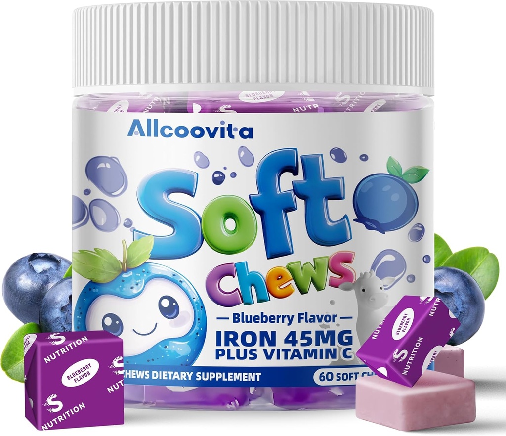 Iron Soft Chews Suplemento con Vitamina C ← Blueberry Flavored TEN Gluten Free ← Suplemento de Hierro para Mujeres Hombres y Niños