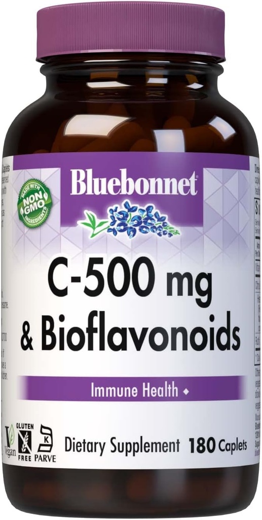 Bluebonnet Nutrition C-500 mg Plus Bioflavonoids Caplets, Vitamina C 500 mg, Citrus Bioflavonoids 250 mg, para Immune Health, Soy Free, Gluten Free, Non-GMO, Kosher, Dairy Free, Vegan, 180 Caplets