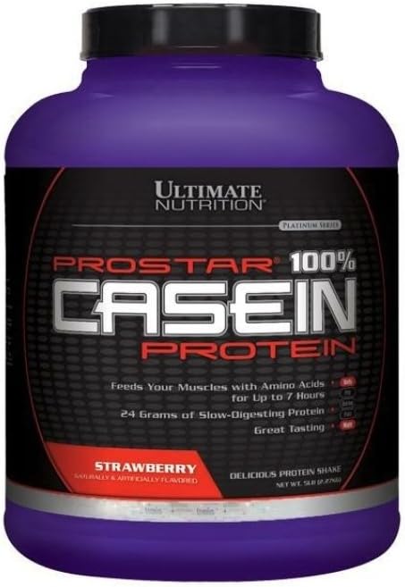 Ultimate Nutrition Prostar Micellar and Hydrolyzed Casein Protein Powder - Fat Free Overnight Muscle Growth and Recovery with BCAAs, 5 libras, Strawberry