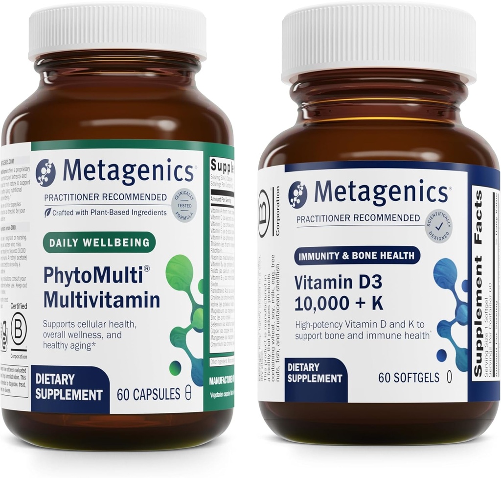 Metagenics Bundle - PhytoMulti & D3 10,000 + K - 60 Capsules of PhytoMulti for Men & Women - 60 Softgels of D3 10,000 + K for Immune Support, Bone Health & Heart Health