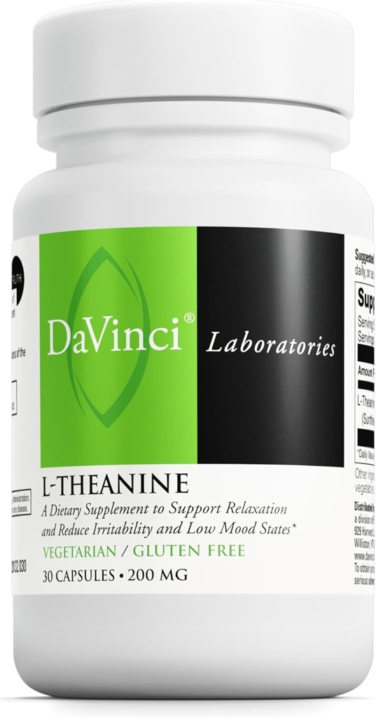 DAVINCI Laboratorios L-Theanina - Suplemento dietético para ayudar con concentración, enfoque, relajación e irrigibilidad* - con 200 mg L-Theanina por servicio - 30 cápsulas vegetarianas