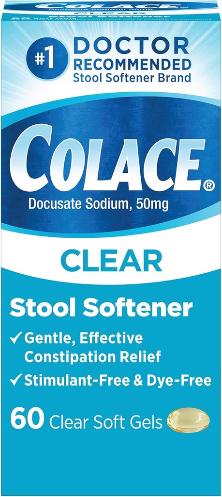 Colace Softener de taburete transparente para el alivio eficaz del estreñimiento suave, #1 Doctor Recomendado de alcohol de la marca de suavizador, Dye Gratis, 50 mg Docusate Capsules, 60 Conde