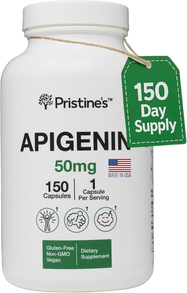 PriSTINE'S Apigenin Supplement for Sleep Capsules - 50mg 150 Day Supply - Prostate &amp; Sleep Support Found in Chamomile Powder for Relaxation, Healthy Aging, Brain & Heart Health, &amp; Immunity