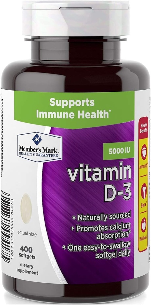 Birsppy Member's Mark Vitamin D-3 5000 UI Suplemento dietético (400 Conde)
