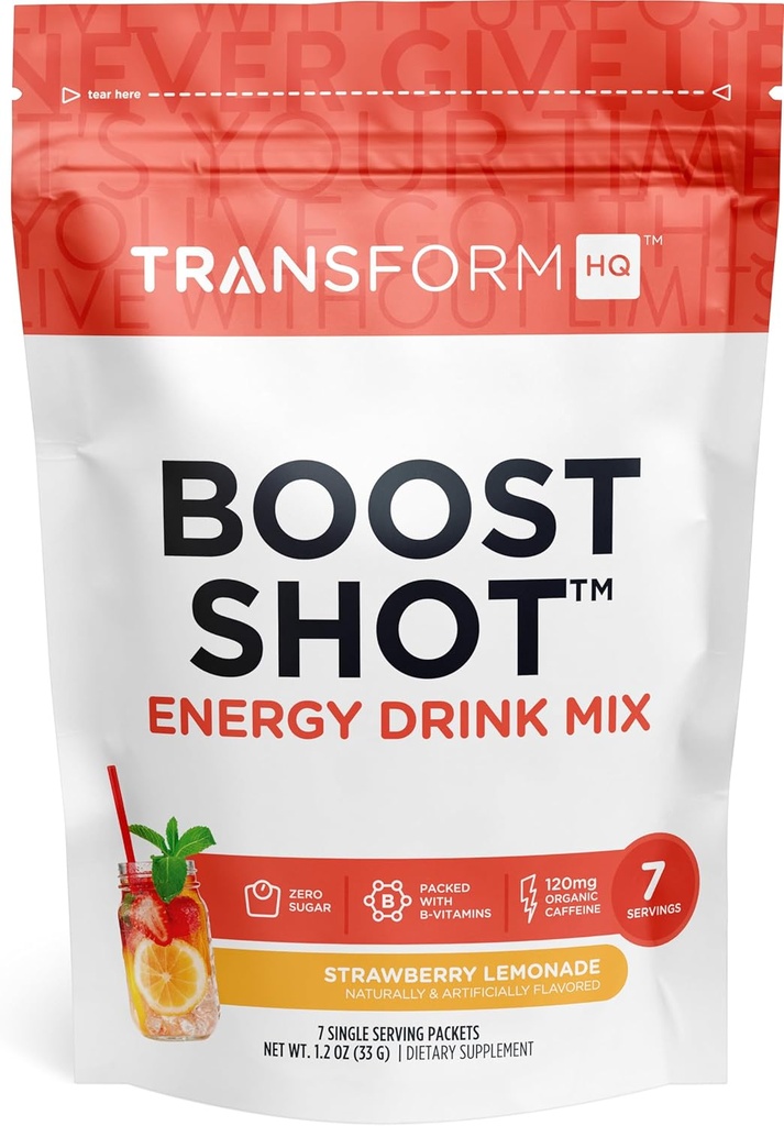 TransformHQ Boost Shot Powder Drink Stick Packets, Strawberry Lemonade, 7 Pack, Energy Supplements for Women &amp; Men, with Caffeine, Vitamin B12, B9, B6 &amp; B3