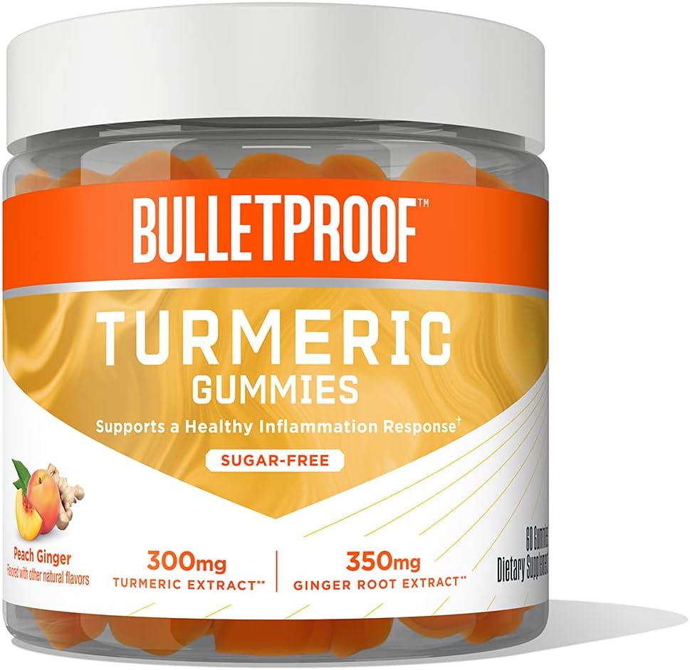 Bulletproof Sugar-Free Peach Ginger Turmeric Gummies, 60 Count, Keto Supplement for Joint and Inflammation Response Support, New and Improved Flavor and texure, Packaging May Vary