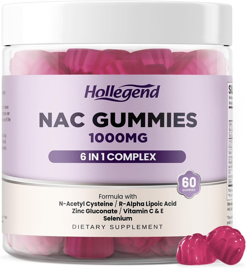 6 en 1 NAC Gummies, Chewable N Acetyl Cysteine 1000mg Suplemento para Adultos Niños, con ALA, Zinc, Vitamina C &amp; E, Selenium, Apoyo Antioxidante &amp; Immune System, Blueberry Flavor, Sugar Free, 60 Ct