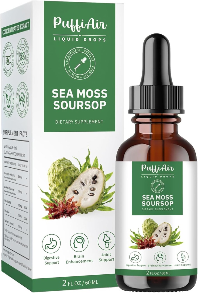 PUFFIAIR Soursop(Graviola) & Sea Moss Liquid Drop for Cell Support & Regeneration, Immune Boost, Relax, Liver and Sleep, Herbal Extract, Sugar/Gluten Free, Natural Flavor, 2 Fl Oz/60ml