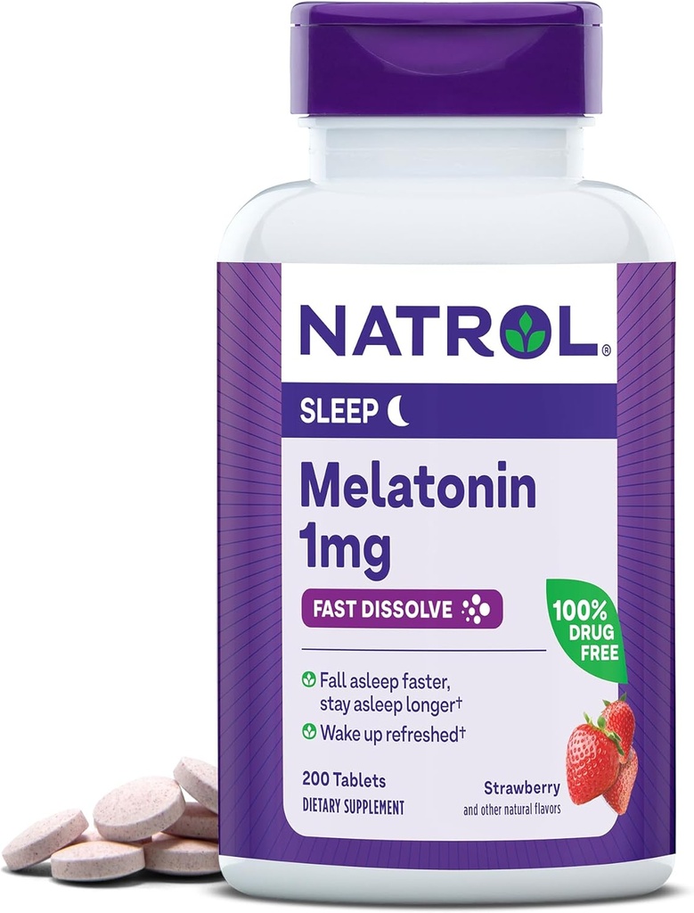 Natrol Fast Dissolve Melatonin 1 mg, Suplementos para el descanso, el sueño para adultos, 200 tabletas de melatonina sabor a fresa, hasta un suministro de 200 días