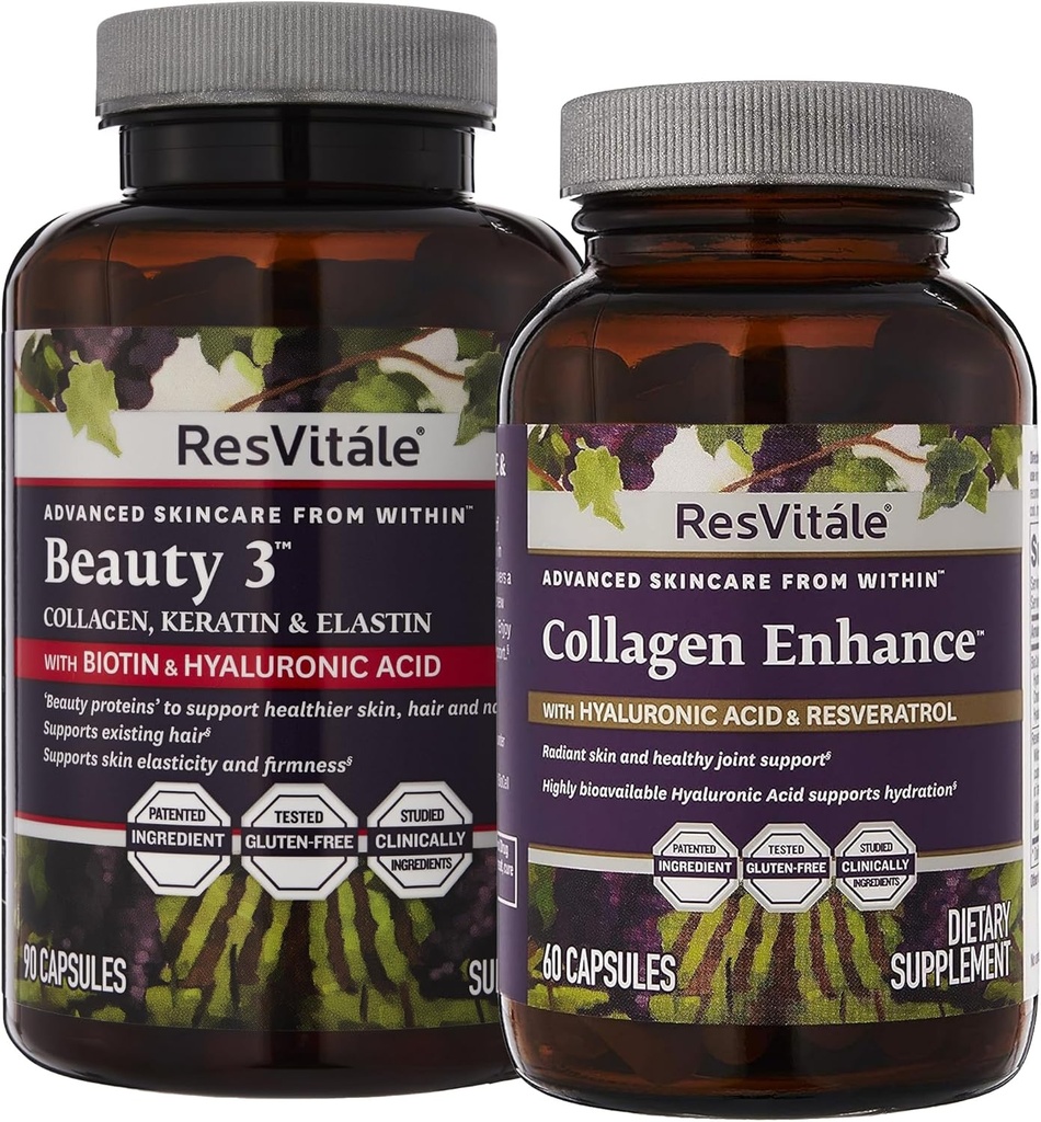 ResVitale Beauty 3 - Suplemento de cuidado de piel con Collagen, Keratin & Elastin - 90 cápsulas &amp; Collagen Enhance - Suplemento de belleza con ácido hialurónico " Resveratrol - 60 cápsulas