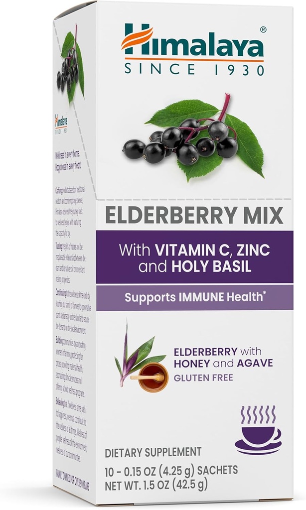 Himalaya Elderberry Mix, Suplemento de Bebida Mix, Apoyo Inmunitario con Elderberry, Zinc, Vitamina C y Basil Santo, Caffeine Gratis, 10-0.15 oz (4.3 g) Packets, Fácil de Mezclar, Gluten Gratis