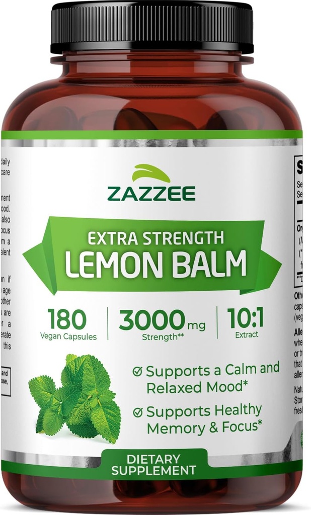 Zazzee Organic Lemon Balm 10:1 Extracto, 3000 mg Fuerza por Cápsula, 180 Cápsulas Veganas, 6 Mes de Suministro, Standardizado y Concentrado 10X Extracto, 100% Vegetariano, All-Natural y No GMO