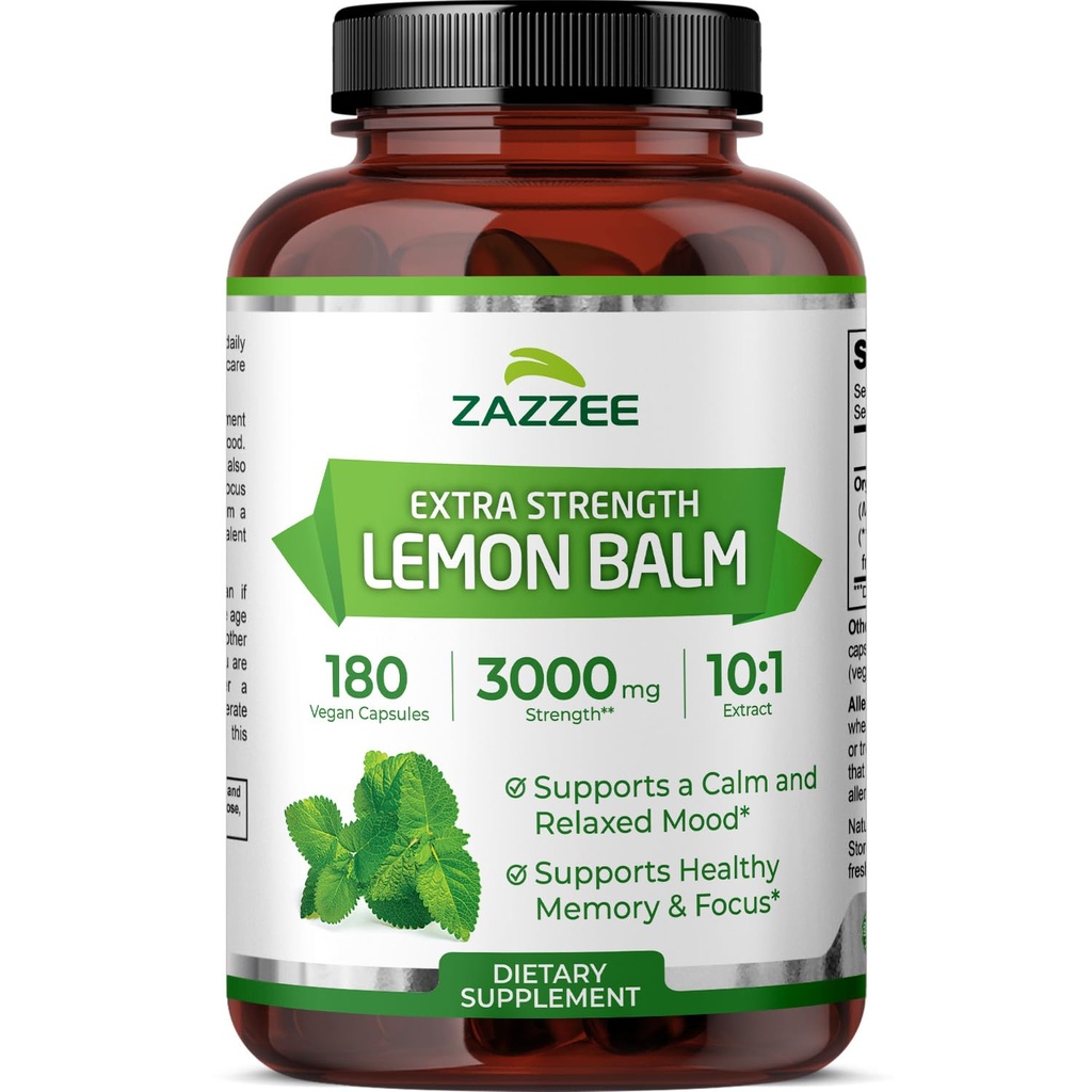 Zazzee Organic Lemon Balm 10:1 Extracto, 3000 mg Fuerza por Cápsula, 180 Cápsulas Veganas, 6 Mes de Suministro, Standardizado y Concentrado 10X Extracto, 100% Vegetariano, All-Natural y No GMO