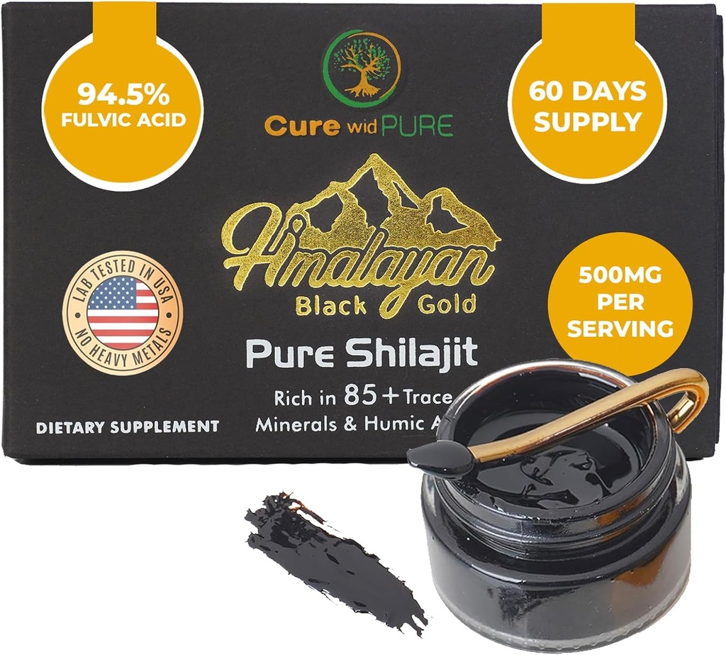 Cure wid Pure Himalayan Shilajit for Men ' Women – 94,5% Fulvic Acid Resin, 500 mg 60 Servings – USA Lab-Tested Organic Adaptogen for Energy, Vitality & Hormonal Balance