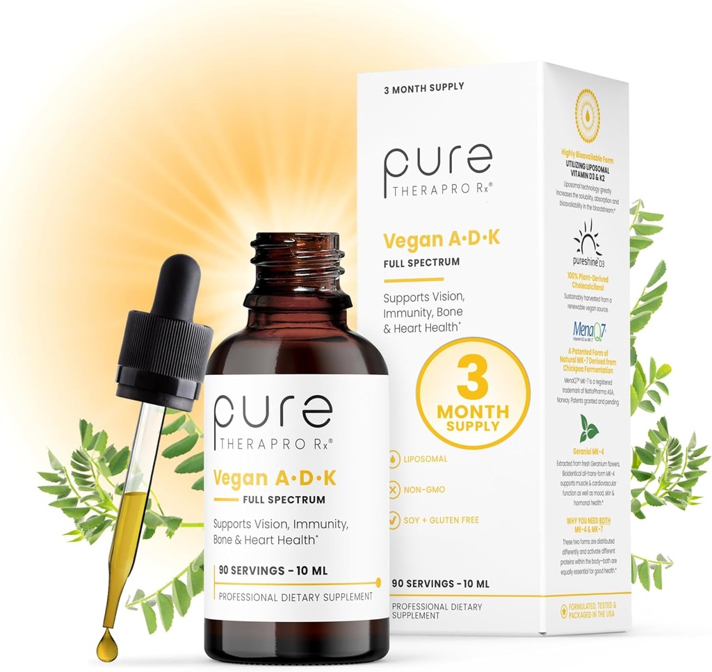 Terapro puro Rx Vegan A-D-K gotas 10 Ml, Hecho en EE.UU. TENIDO 3 Mes Fuente ANTE Vitamina A (Palmitate), Vitamina Liposomal D3 (Pureshine), Vitamina Liposomal K2 (MK-4 &amp; MK-7) Soporta la inmunidad &amp; Bone Health