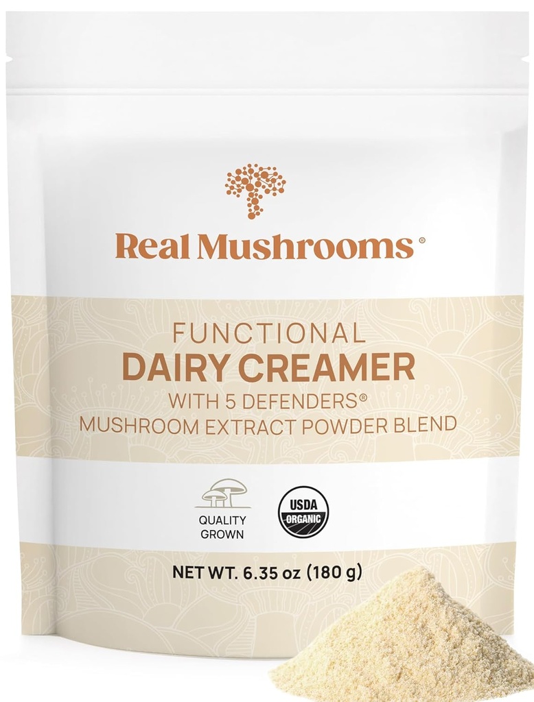 Reales Mushrooms Crema leche funcional con extractos de hongos – Endulzado con polvo de lucuma orgánica – Crema orgánica funcional – 90 Servings, Té, Smoothie &amp; Coffee Creamer Polvo