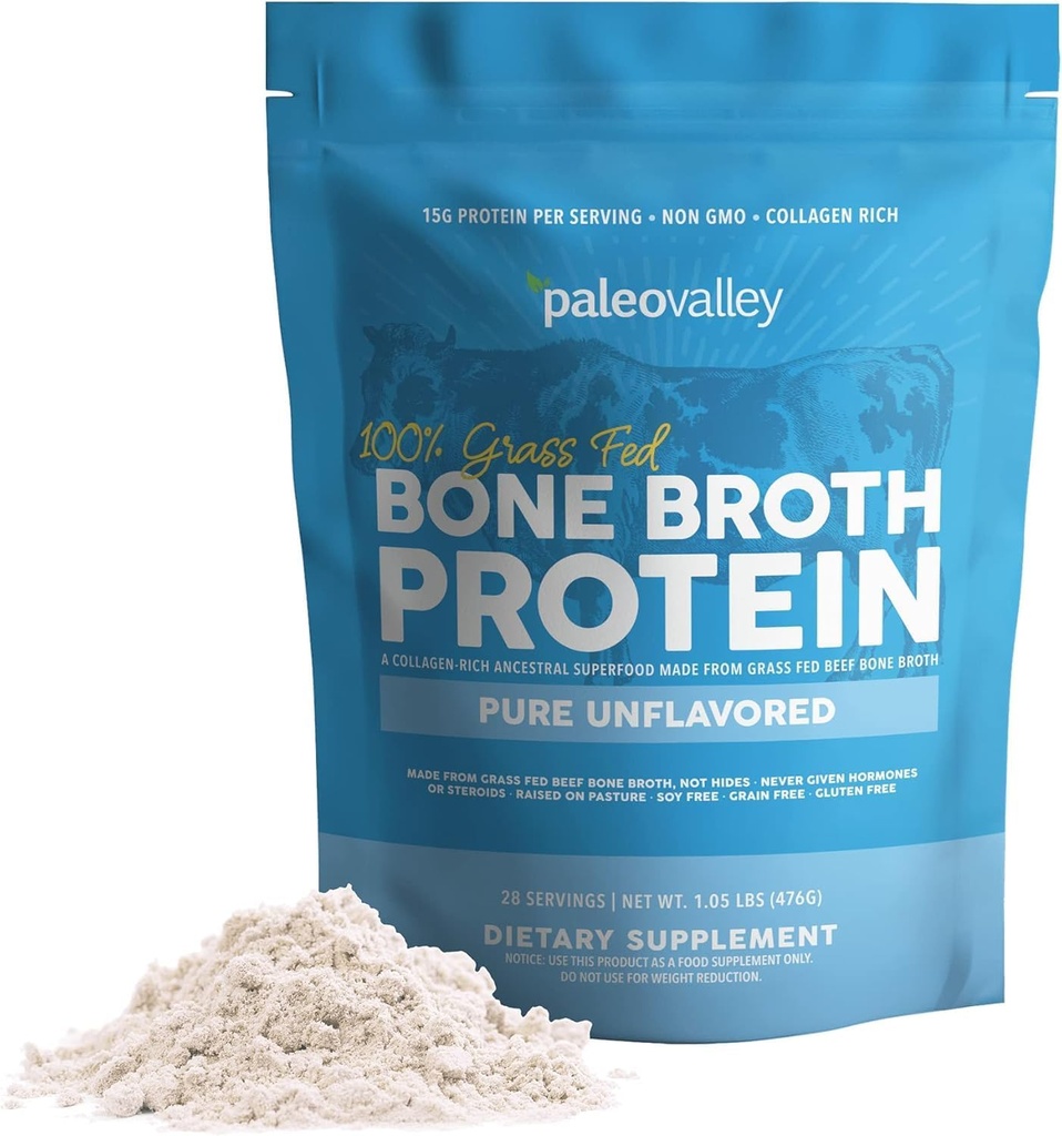 Paleovalley 100% Grass Fed Beef Bone Broth Protein Powder - Rich in Collagen Peptides for Hair, Skin, Gut Health, Bone and Joint Support - 15g Protein Por Serving - No Gluten o GMOs