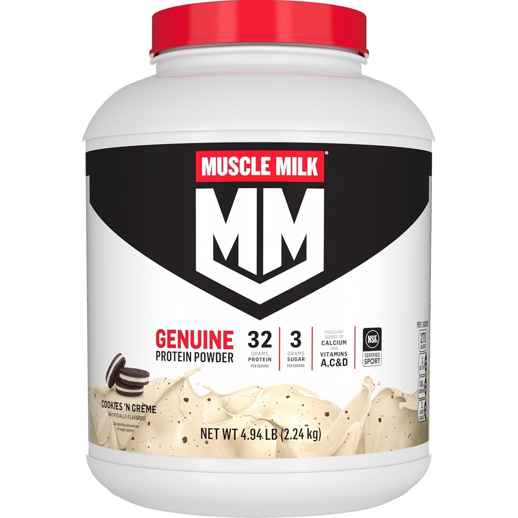 Muscle Milk Genuine Protein Powder, Cookies 'n Crème, 4.94 Libra, 32 Serviciones, 32g Proteína, 2g Azúcar, Calcio, Vitaminas A, C & D, NSF certificada para Deporte, Energizante Snack, Embalaje Mayo Vary
