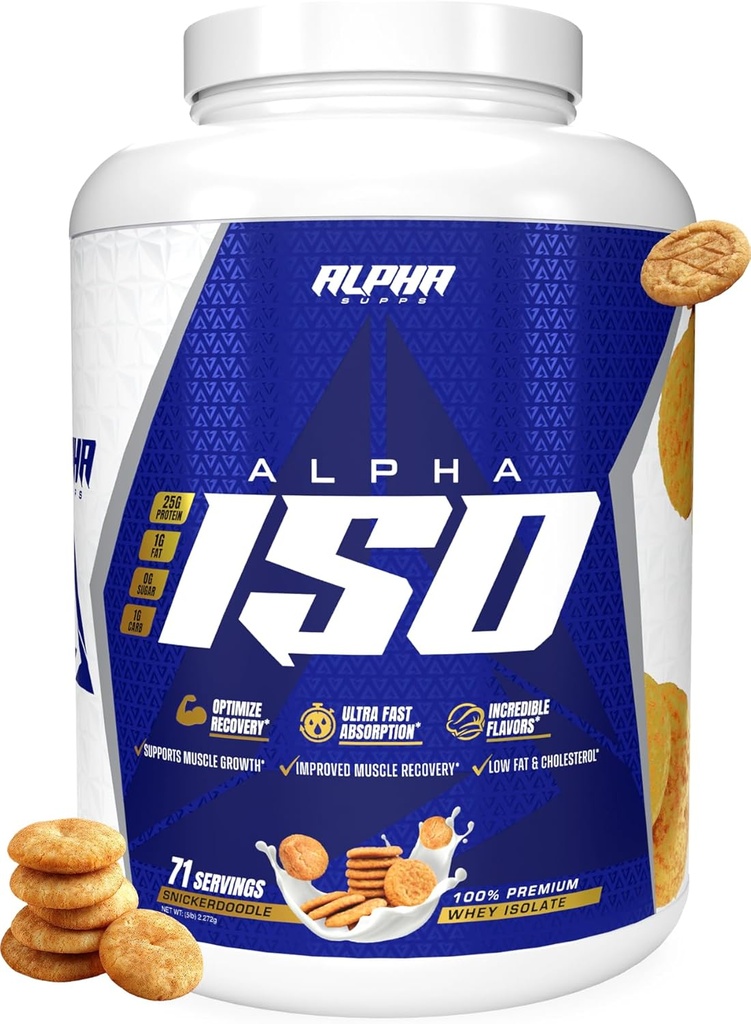 Alpha Supps ISO, Low Carb 100% Whey Protein Isolate Powder, 25 Grams Por Serving, Ayuda a apoyar el crecimiento muscular, bajo azúcar y Gluten Gratis (Snicker Doodle, 5 lb)