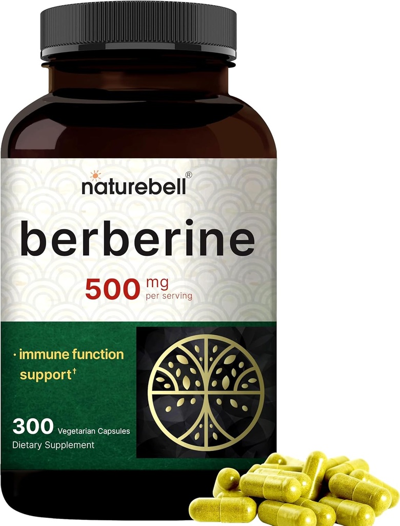 NatureBell Berberine Suplemento 500mg tención 300 cápsulas vegetales, 97% Pura Berberina HCL – 5:1 Extracto de raíz – Planta base, Vegan, No GMO