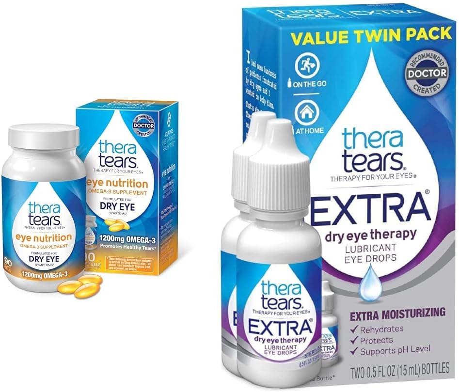 TheraTears Omega 3 Suplemento, 1200mg, 90 ct (Pack of 1) " Extra Dry Eye Therapy Lubricating Eye Drops for Dry Eyes, 0.5 fl oz Bottle, 2 Count