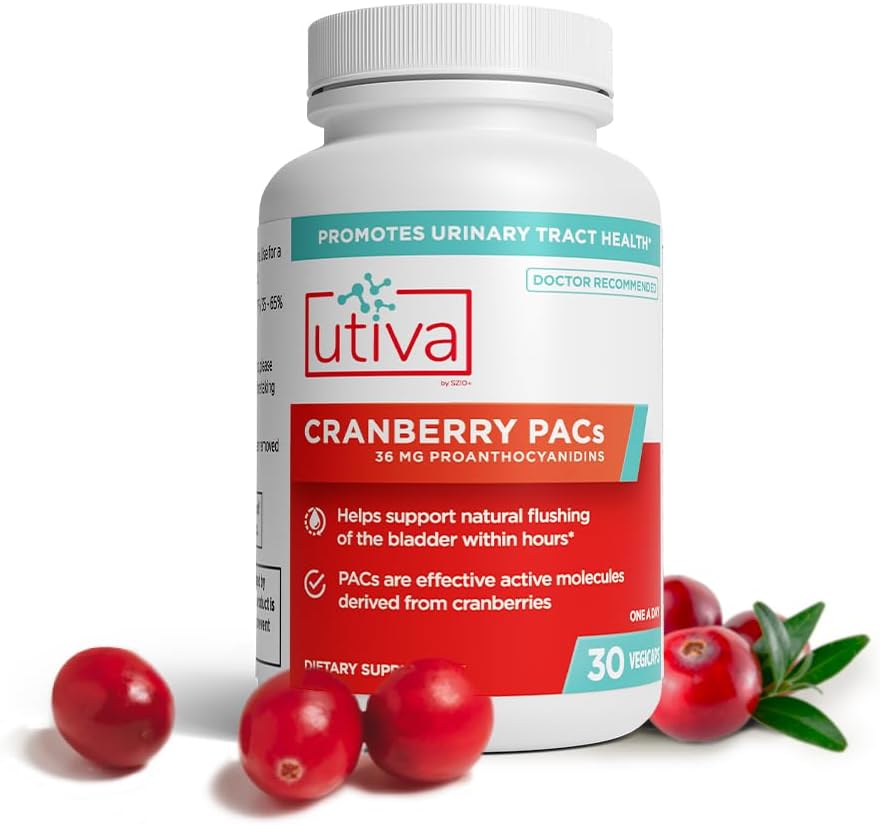 Utiva Cranberry PACs – Ingredientes clínicamente estudiados 36 mg PACs Extracto - Prevención UTI para las mujeres - Salud de la Tracto urinario – Placas de suplemento de arándano para la salud de la vejiga, 30 cápsulas Vegi