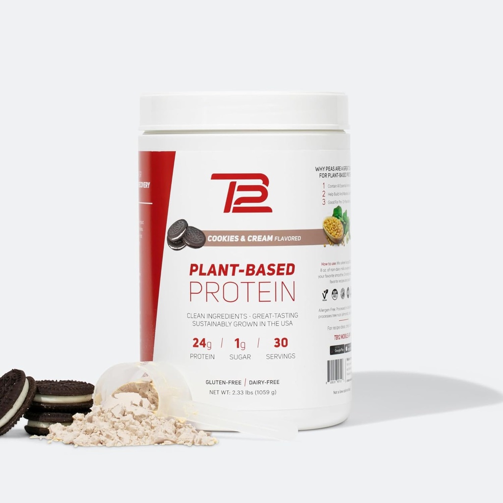 TB12 Powder de proteína basada en plantas por Tom Brady, 24g de Pea Vegan Protein, Bajo Azúcar, Baja Carb, No GMO, Reemplazo de comida, Keto Friendly, Paleo, Libre de azúcar, Cookies y Sabor de crema (30 Servimientos)