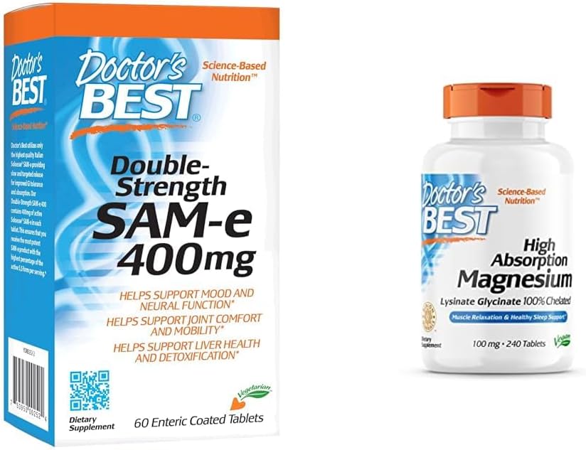 Mejor SAM-e 400 mg, Vegan, Gluten Free, Soy Free, Mood y Soporte Conjunto, 60 Enteric Coated &amp; High Absorption Magnesium Glycinate Lysinate, 100% Chelated, Non-GMO, Vegan, Gluten