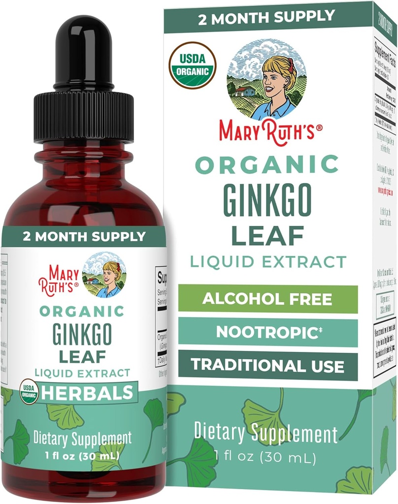 MaryRuth Organics Ginkgo Leaf Liquid Drops ← Herbal Supplement TEN Nootropic Silencio Circulatory System " Nervous System Health TEN USDA Organic ← No-GMO TEN Vegan ANTE 60 Servings