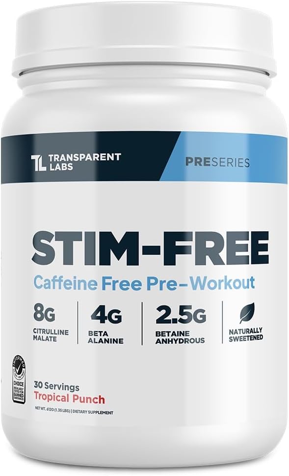 Laboratorios transparentes Etim-Free Pre-Workout - Caffeine &amp; Stim Free Pre Workout Powder para Hombres y Mujeres con Beta Alanine Powder, Citrulline Malate, & elevATP - 30 Servings, Tropical Punch
